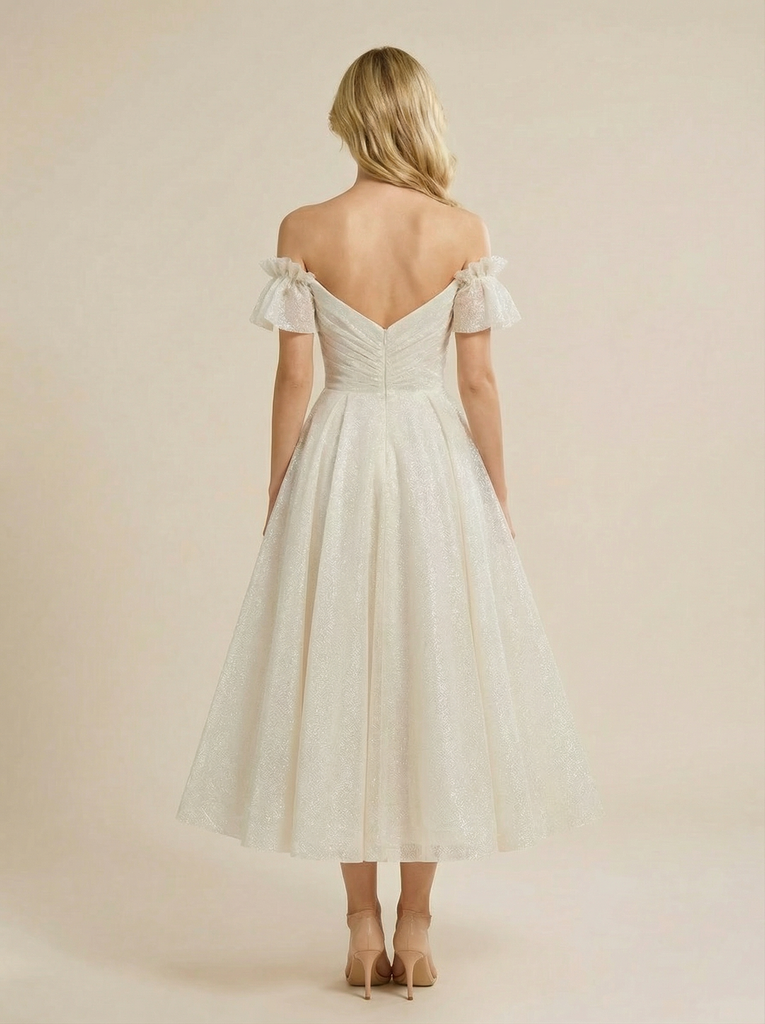 A-line Off Shoulder Sweetheart Midi Sequin Wedding Dresses Online