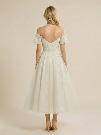A-line Off Shoulder Sweetheart Midi Sequin Wedding Dresses Online