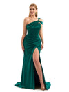 Sexy Side Slit One Shoulder Mermaid Soft Satin Unique Long Bridesmaid Dress For Wedding