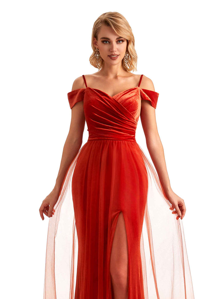 Elegant Mermaid Spaghetti Straps Cold Shoulder Side Slit Tulle Velvet Long Bridesmaid Dresses