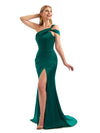 Sexy Side Slit One Shoulder Mermaid Soft Satin Unique Long Bridesmaid Dress For Wedding