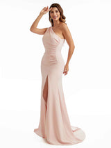 Sexy Side Split Mermaid One Shoulder Stretch Crepe Long Bridesmaid Dresses Online