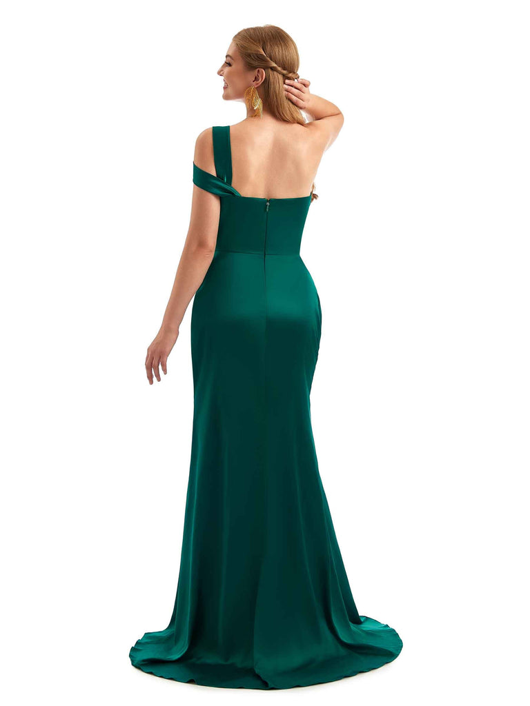 Sexy Side Slit One Shoulder Mermaid Soft Satin Unique Long Bridesmaid Dress For Wedding