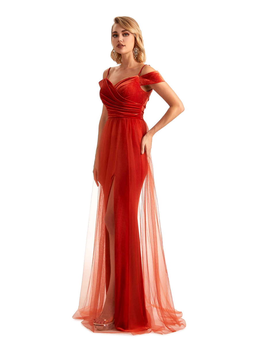Winter Cold Shoulder Tulle Velvet Bridesmaid Dresses