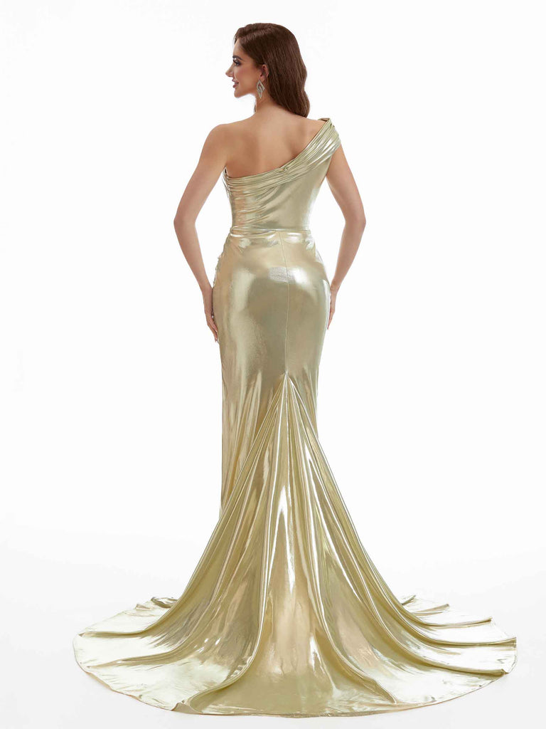 Sexy One Shoulder Side Slit Mermaid Metallic Stretch Shiny Fabric Long Bridesmaid Dresses Online