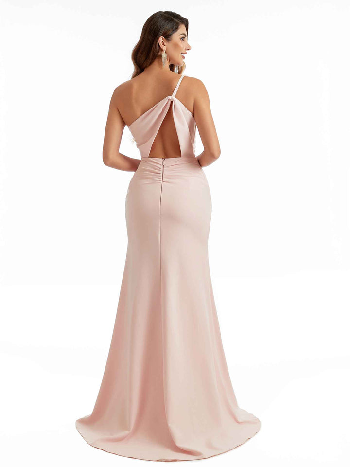 Sexy Side Split Mermaid One Shoulder Stretch Crepe Long Bridesmaid Dresses Online