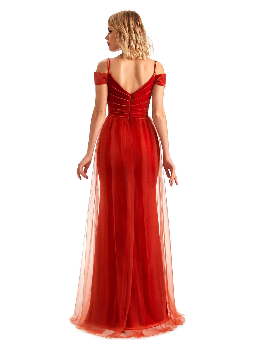 Winter Cold Shoulder Tulle Velvet Bridesmaid Dresses