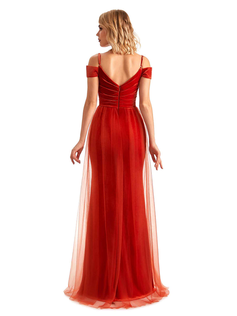 Elegant Mermaid Spaghetti Straps Cold Shoulder Side Slit Tulle Velvet Long Bridesmaid Dresses