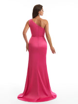 Sexy Mermaid One Shoulder Side Slit Soft Satin Ruched Long Bridesmaid Dresses Online
