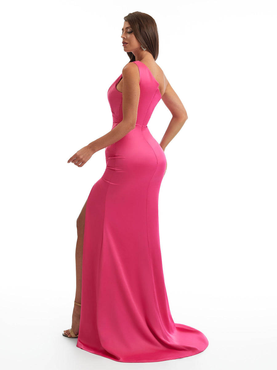 Sexy Mermaid One Shoulder Side Slit Soft Satin Ruched Long Bridesmaid Dresses Online