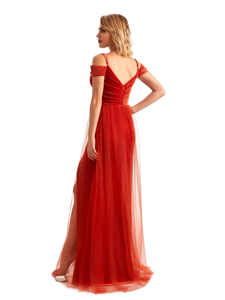 Elegant Mermaid Spaghetti Straps Cold Shoulder Side Slit Tulle Velvet Long Bridesmaid Dresses
