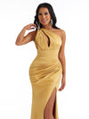 Sexy Mermaid One Shoulder Satin Ruched Long Bridesmaid Dresses Online With Split