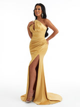 Sexy Mermaid One Shoulder Satin Ruched Long Bridesmaid Dresses Online With Split