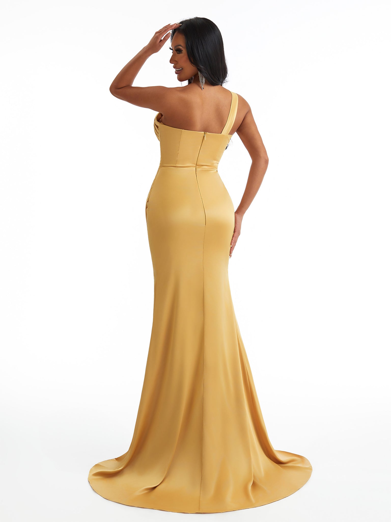 Sexy Mermaid One Shoulder Satin Ruched Long Bridesmaid Dresses Online With Split