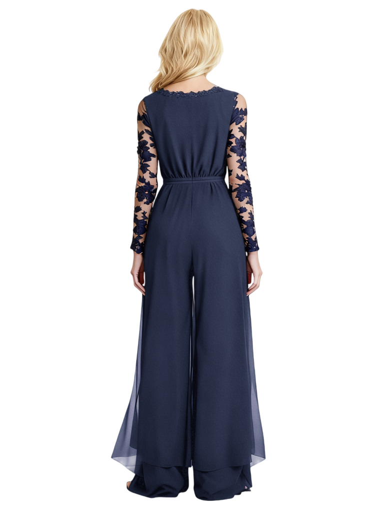 Elegant V-neck Long Sleeves Lace Chiffon Women's Jumpsuit For Mother of The Bride