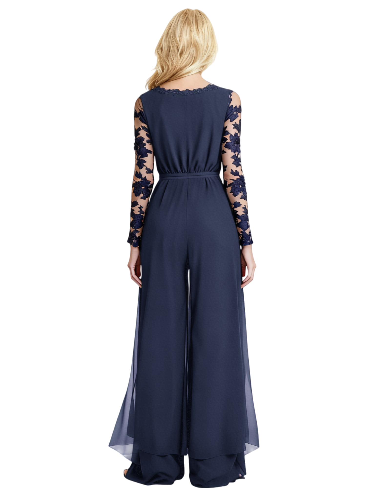 Elegant V-neck Long Sleeves Lace Chiffon Women's Jumpsuit For Mother of The Bride