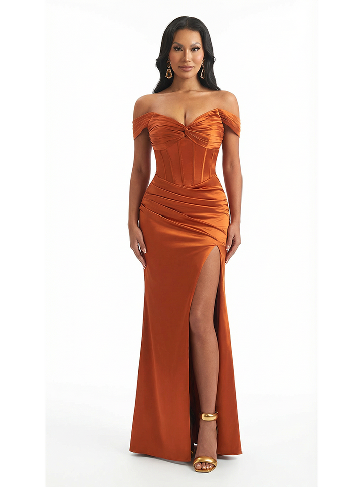 Sexy Off The Shoulder Ruched Satin Mermaid Long Evening Formal Dresses With Side Slit Boning