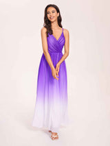 Spaghetti Straps Floral A-line Ombre Chiffon Long Bridesmaid Dresses Oline