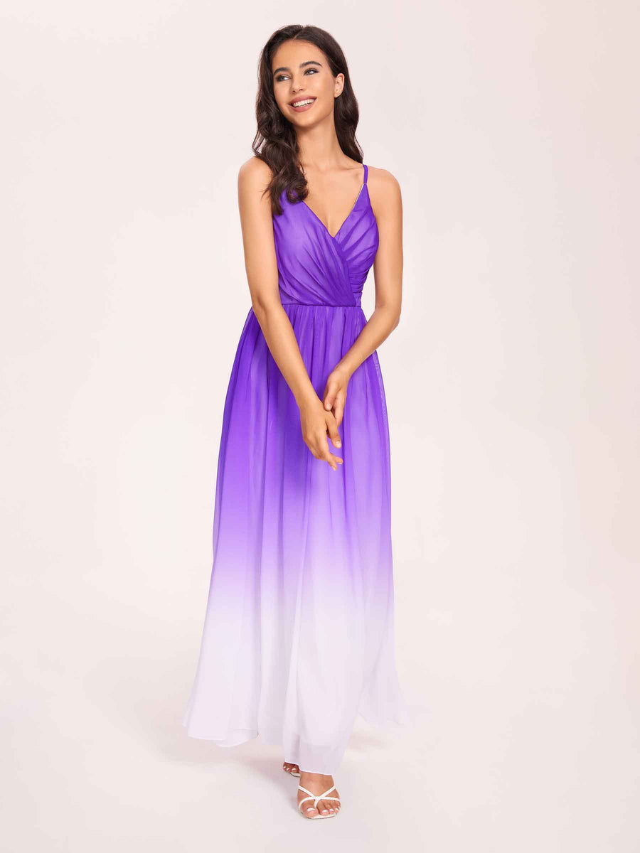 Spaghetti Straps Floral A-line Ombre Chiffon Long Bridesmaid Dresses Oline