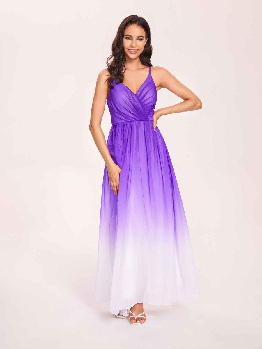Spaghetti Straps Floral A-line Ombre Chiffon Long Bridesmaid Dresses Oline