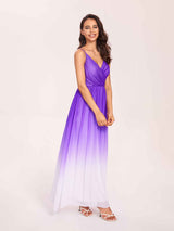 Spaghetti Straps Floral A-line Ombre Chiffon Long Bridesmaid Dresses Oline
