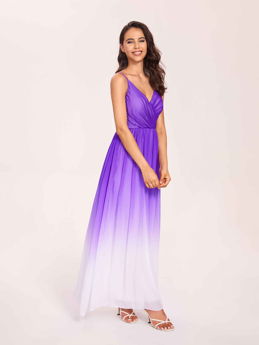 Spaghetti Straps Floral A-line Ombre Chiffon Long Bridesmaid Dresses Oline