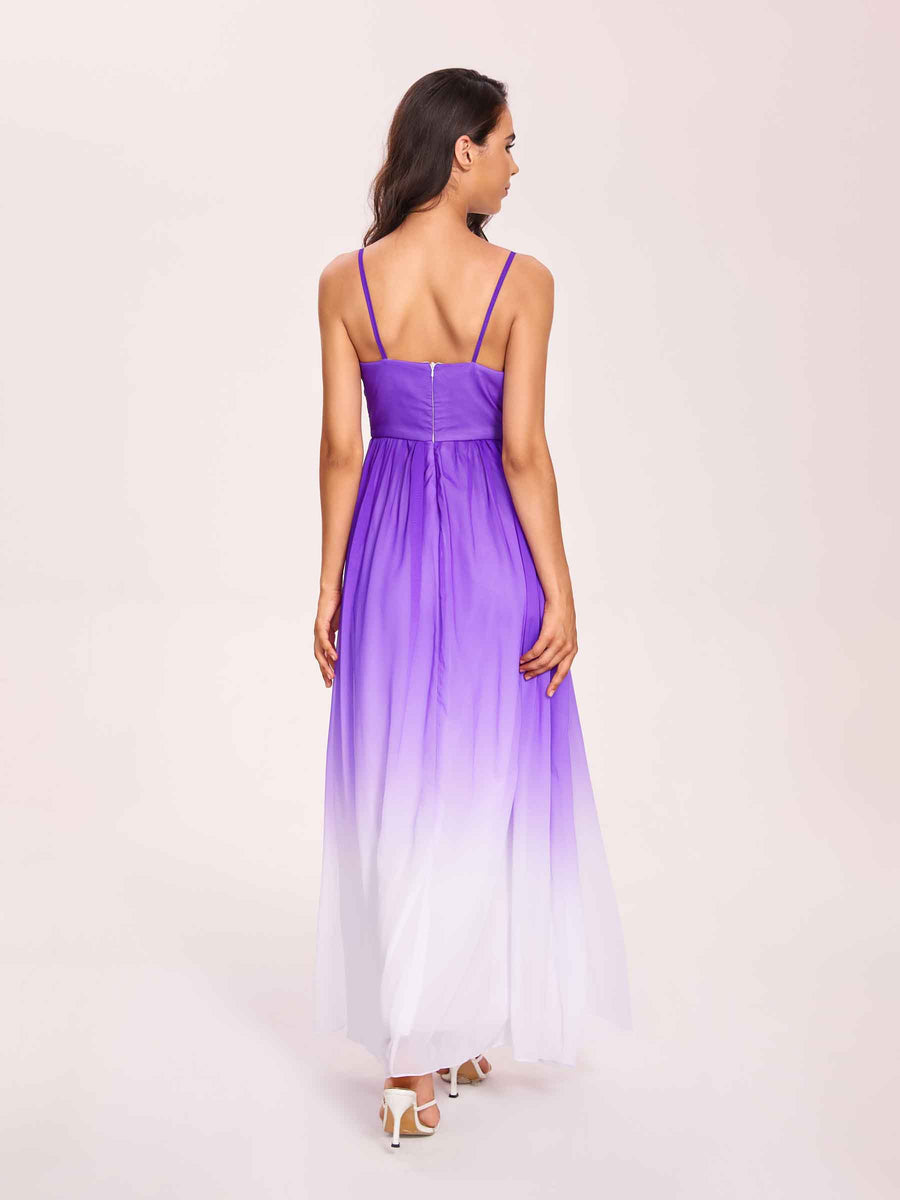 Spaghetti Straps Floral A-line Ombre Chiffon Long Bridesmaid Dresses Oline