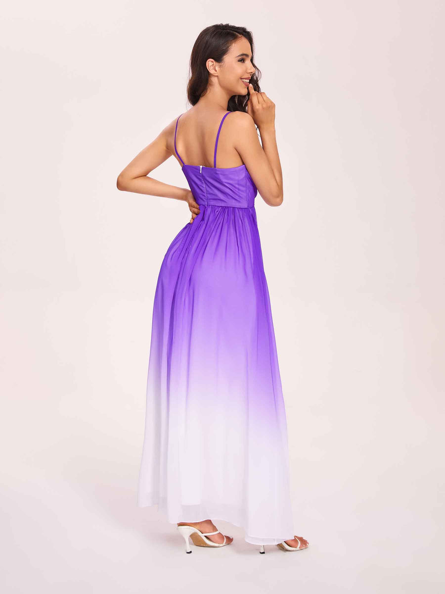 Spaghetti Straps Floral A-line Ombre Chiffon Long Bridesmaid Dresses Oline
