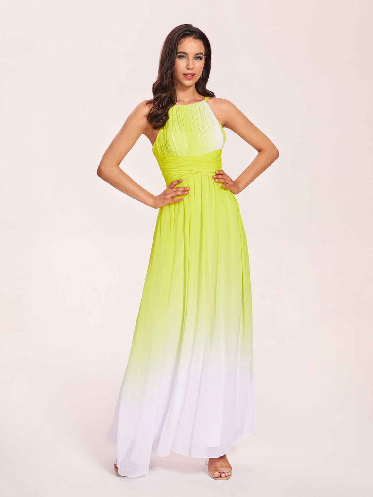 Halter Floral A-line Ombre Chiffon Long Bridesmaid Dresses Online - ChicSew Halter Floral A-line Ombre Chiffon Long Bridesmaid Dresses Online - ChicSew