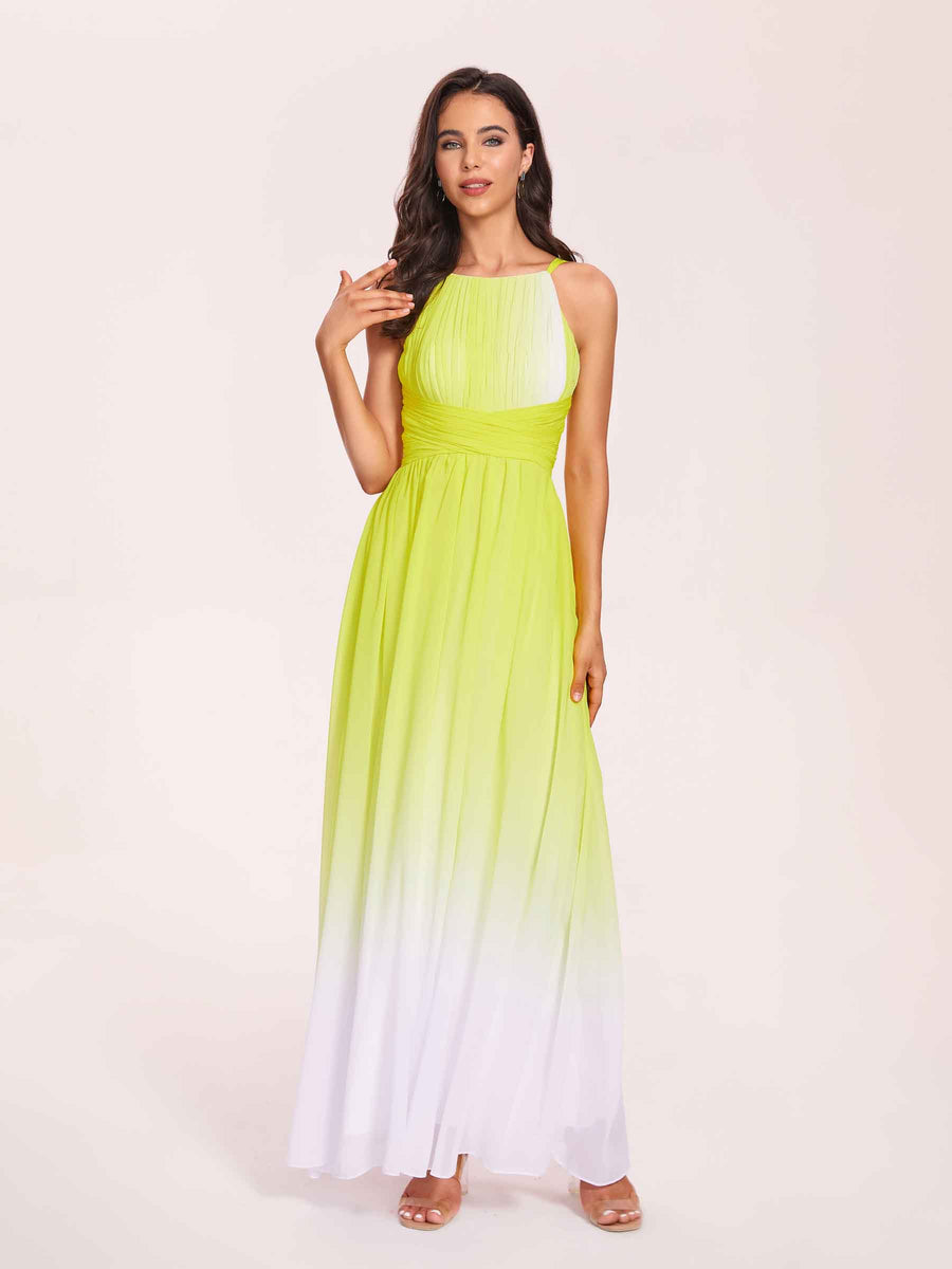 Halter Floral A-line Ombre Chiffon Long Bridesmaid Dresses Online