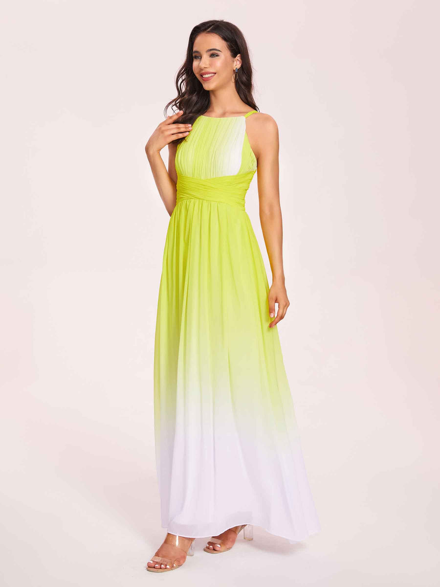 Halter Floral A-line Ombre Chiffon Long Bridesmaid Dresses Online