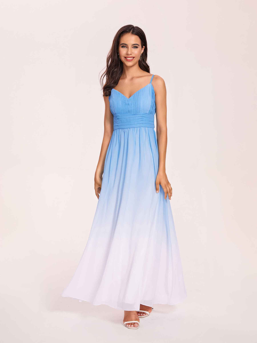 Elegant V Neck Spaghetti Straps A-line Chiffon Long Ombre Bridesmaid Dresses Online