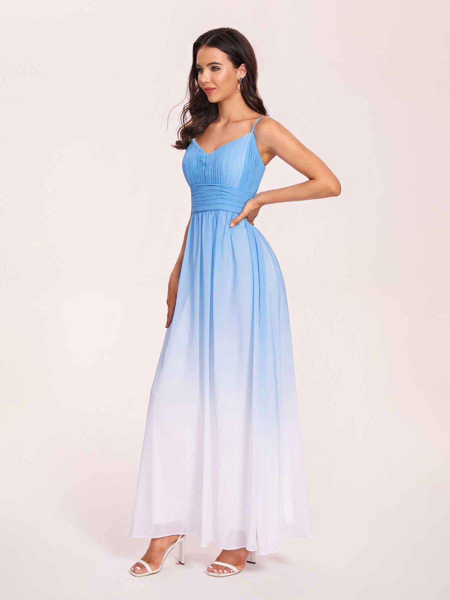 Elegant V Neck Spaghetti Straps A-line Chiffon Long Ombre Bridesmaid Dresses Online
