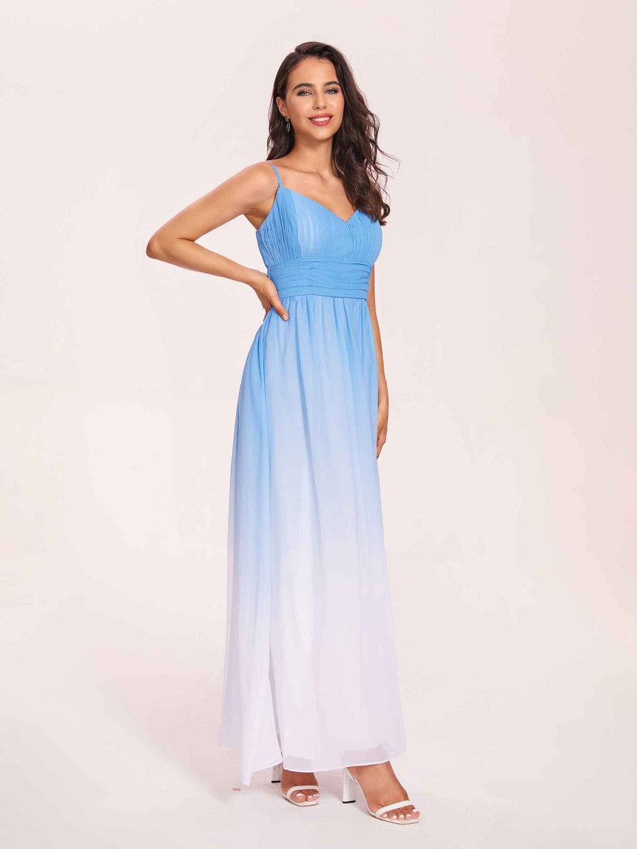 Elegant V Neck Spaghetti Straps A-line Chiffon Long Ombre Bridesmaid Dresses Online