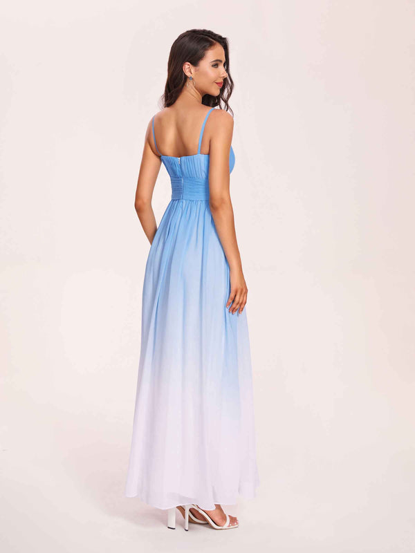 Elegant V Neck Spaghetti Straps A-line Chiffon Long Ombre Bridesmaid Dresses Online