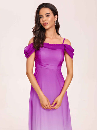 Elegant Cold Shoulder A-line Chiffon Long Ombre Bridesmaid Dresses In Stock