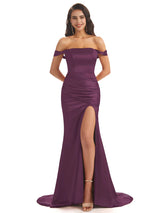 Sexy Soft Satin Off Shoulder Side Slit Floor-Length Mermaid Bridesmaid Dresses In Stock