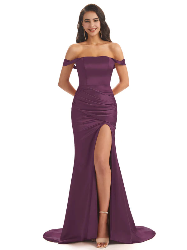 Sexy Soft Satin Off Shoulder Side Slit Floor-Length Mermaid Bridesmaid Dresses In Stock