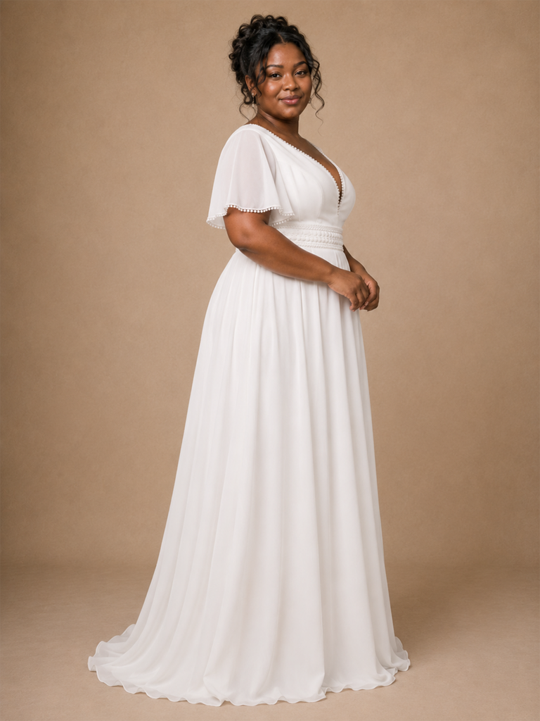 ChicSew Elegant V-Neck Chiffon Flutter Sleeves A-Line Floor-Length Wedding Dress