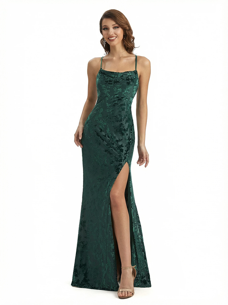 Elegant Floral Burnout Velvet Long Formal Evening Gown Dresses Spaghetti Straps Slit