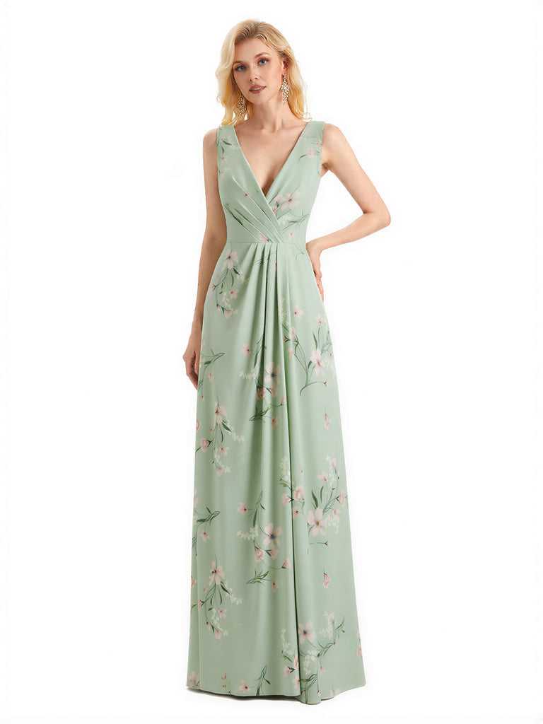 Beautiful V-Neck Mermaid Floral Satin Maxi Floral Formal Dresses For Women
