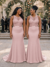 ChicSew Elegant Illusion Sleeveless Mermaid Soft Satin Lace Appliques Floor-Length Bridesmaid Dresses