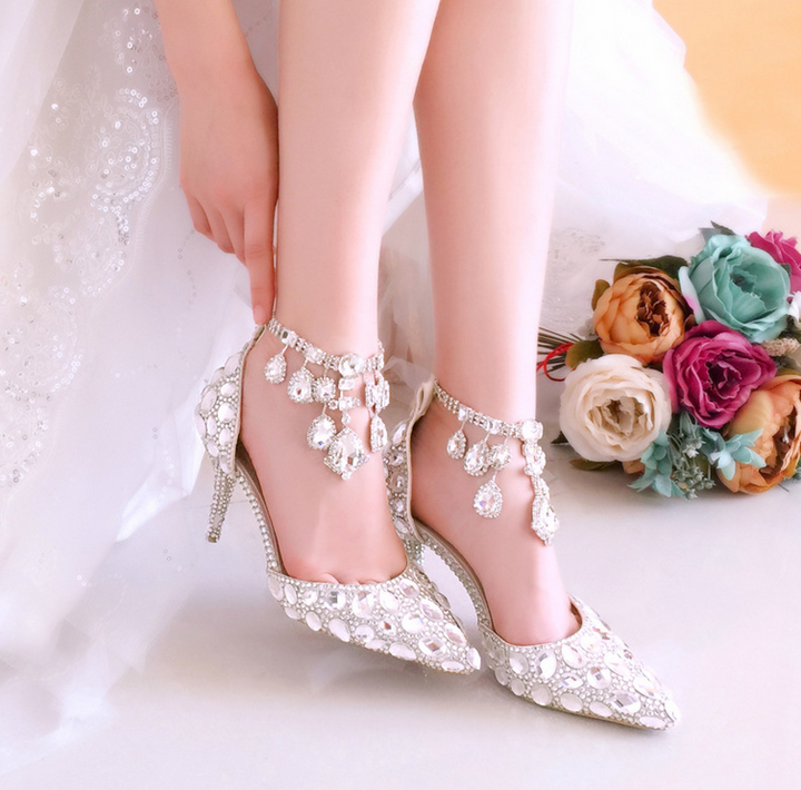 Women's Wedding Shoes Pointed Toe Crystal High Heel Decorative Heel Bridal Shoes,H29