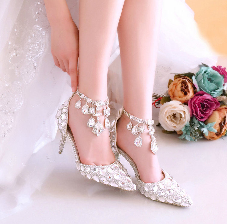 Women's Wedding Shoes Pointed Toe Crystal High Heel Decorative Heel Bridal Shoes,H29