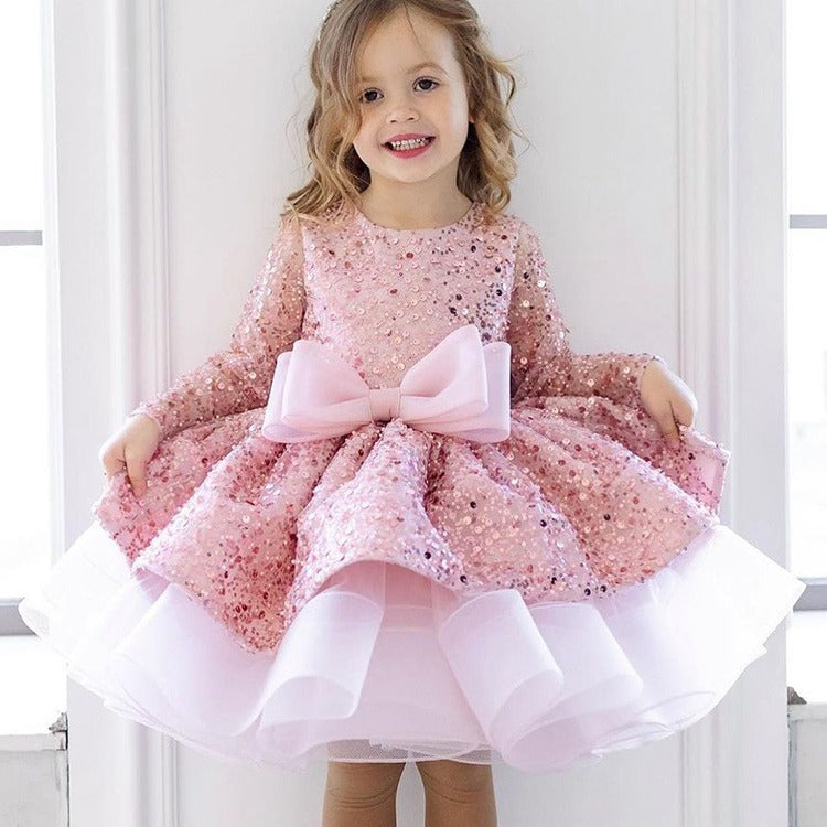 Gorgeous Pink Ball Gown Flower Girl Dresses Vintage Sheer Long Sleeves Appliques Beads Girls Pageant Gowns Toddler Kids Birthday Party