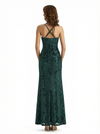 Elegant Floral Burnout Velvet Long Formal Evening Gown Dresses Spaghetti Straps Slit