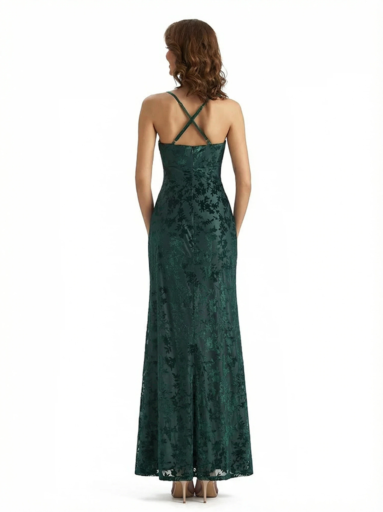 Elegant Floral Burnout Velvet Long Formal Evening Gown Dresses Spaghetti Straps Slit