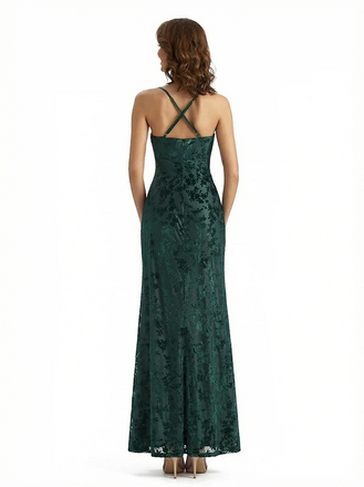 Elegant Floral Burnout Velvet Long Formal Evening Gown Dresses Spaghetti Straps Slit