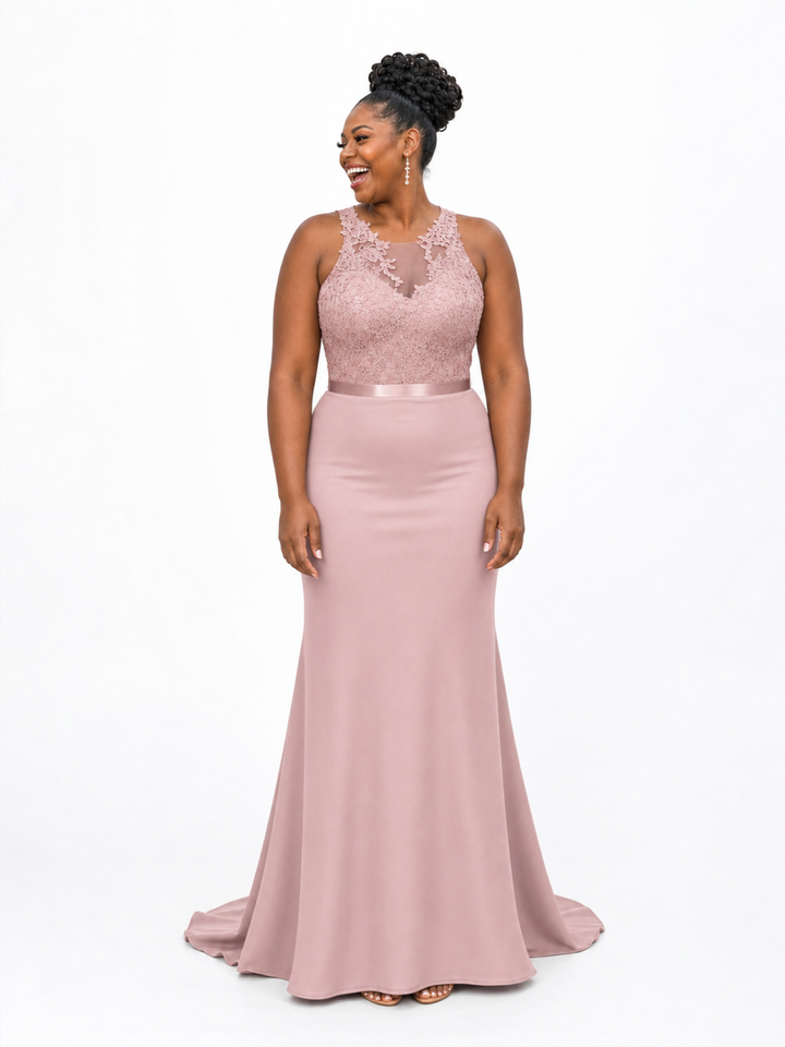 ChicSew Elegant Illusion Sleeveless Mermaid Satin Lace Floor-Length Bridesmaid Dresses