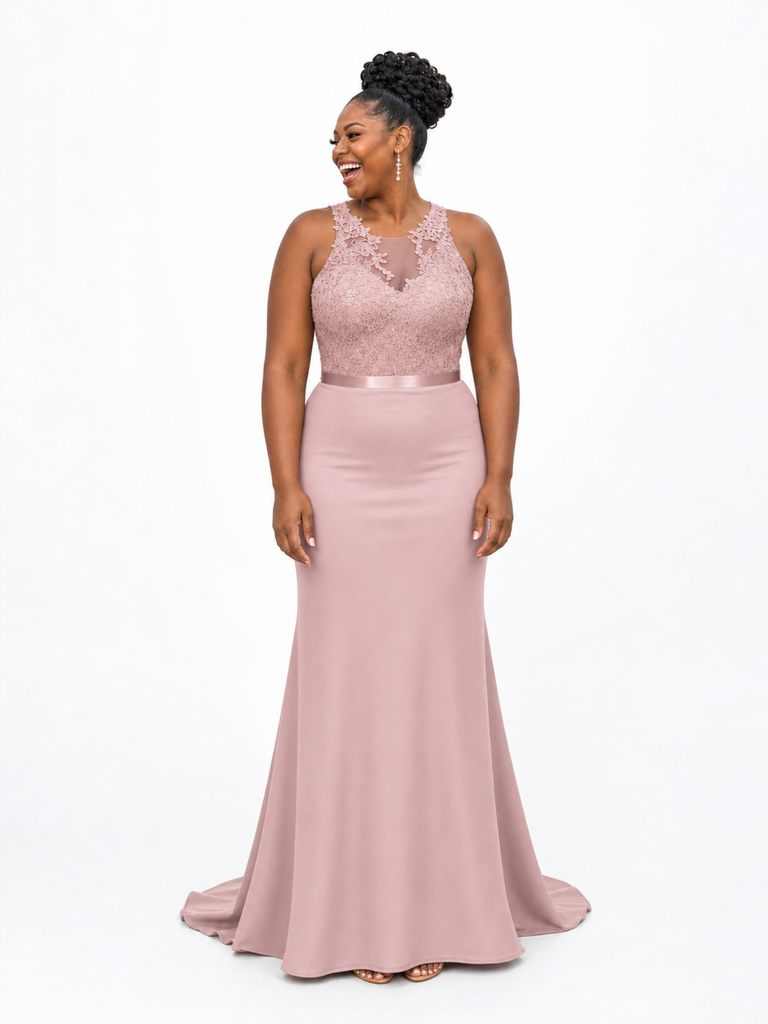 ChicSew Elegant Illusion Sleeveless Mermaid Soft Satin Lace Appliques Floor-Length Bridesmaid Dresses
